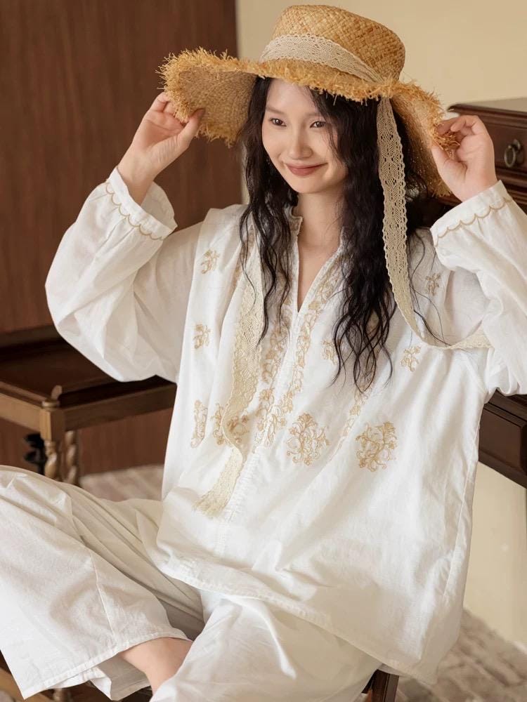 Lian Loungewear embroidered cotton pajamas set with a loose fit nightgown, soft breathable slub cotton lounge sleepwear.