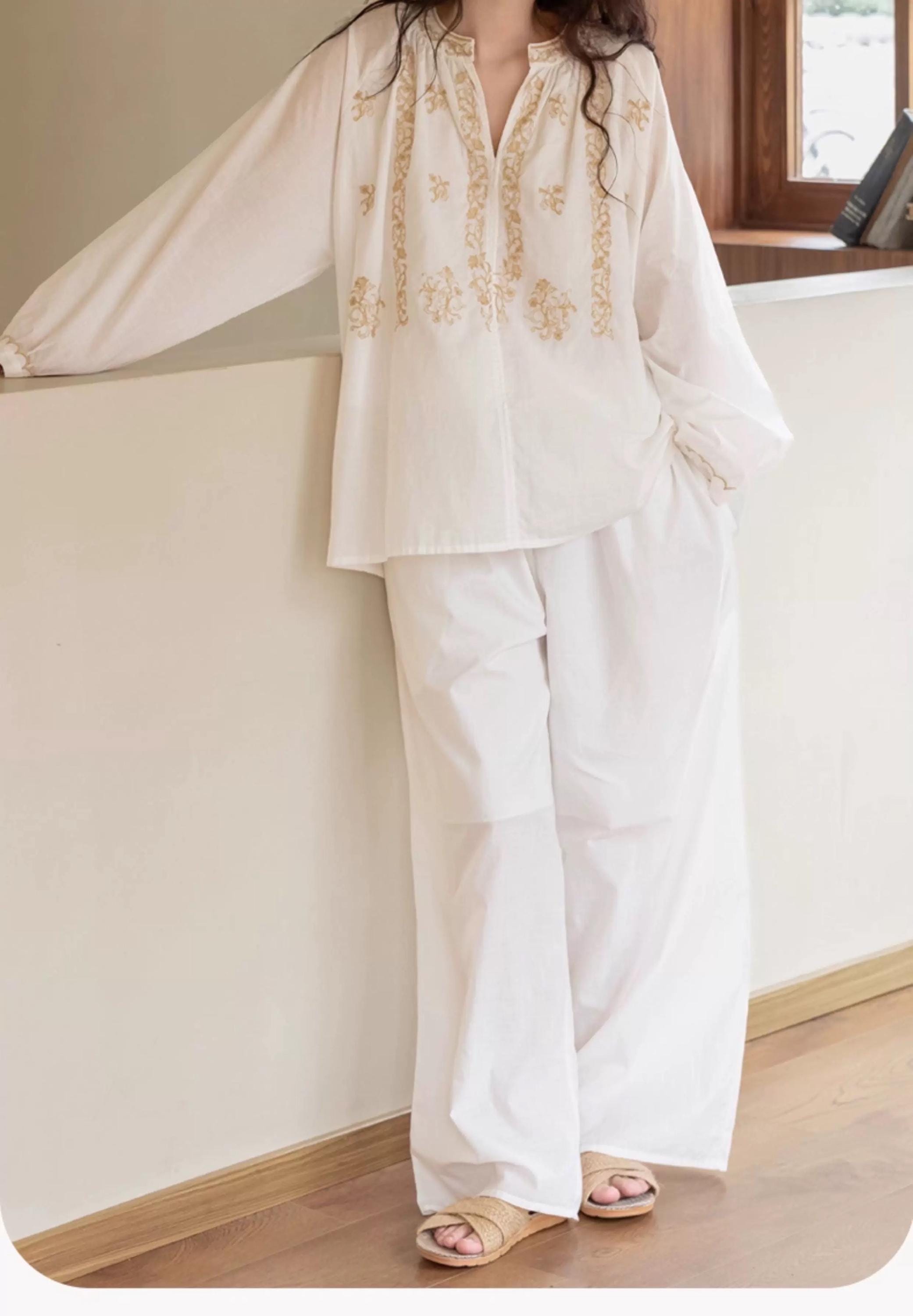 Lian Loungewear embroidered cotton pajamas set or nightgown dress, soft breathable slub cotton, loose fit sleepwear for lounge or street.