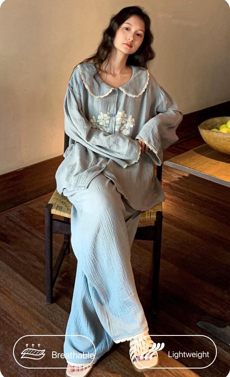 Lian Loungewear embroidered double gauze cotton pajama set, lightweight sleepwear with delicate embroidery and soft fabric for comfort.