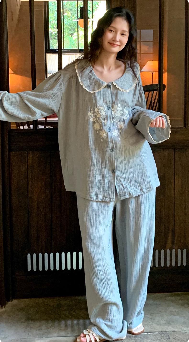 Lian Loungewear embroidered double gauze cotton pajama set, lightweight sleepwear with floral embroidery, soft and comfortable for sleep.