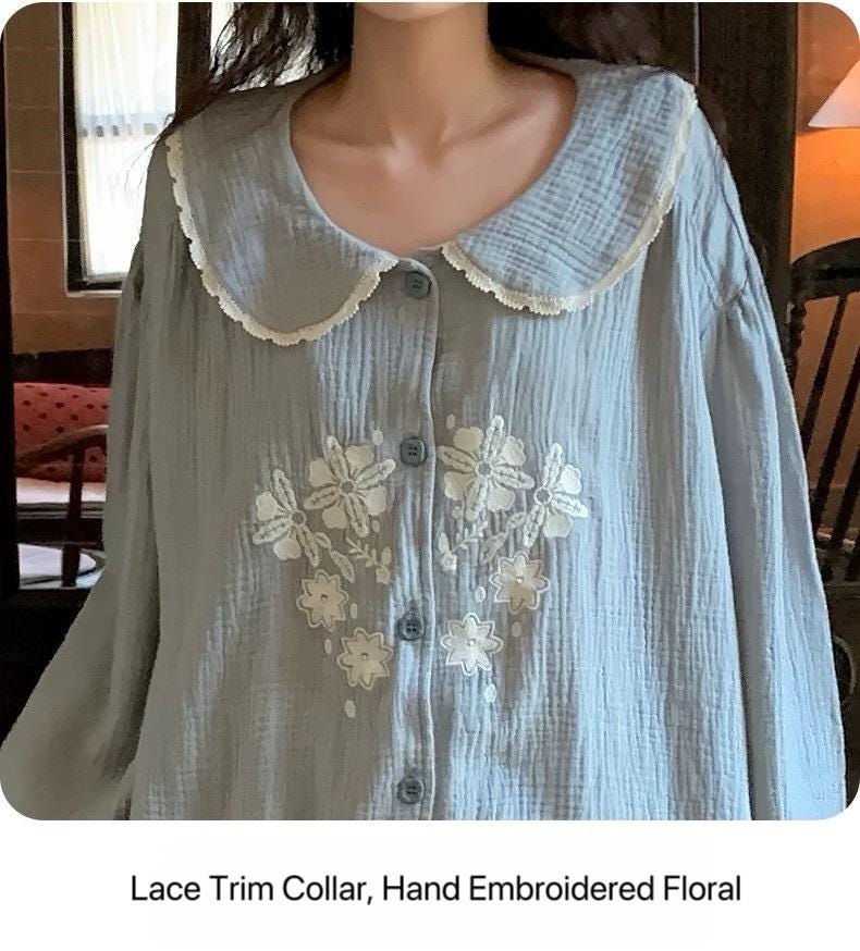 Lian Loungewear embroidered double gauze cotton pajama set with lightweight sleepwear design, soft and comfortable for relaxing nights.