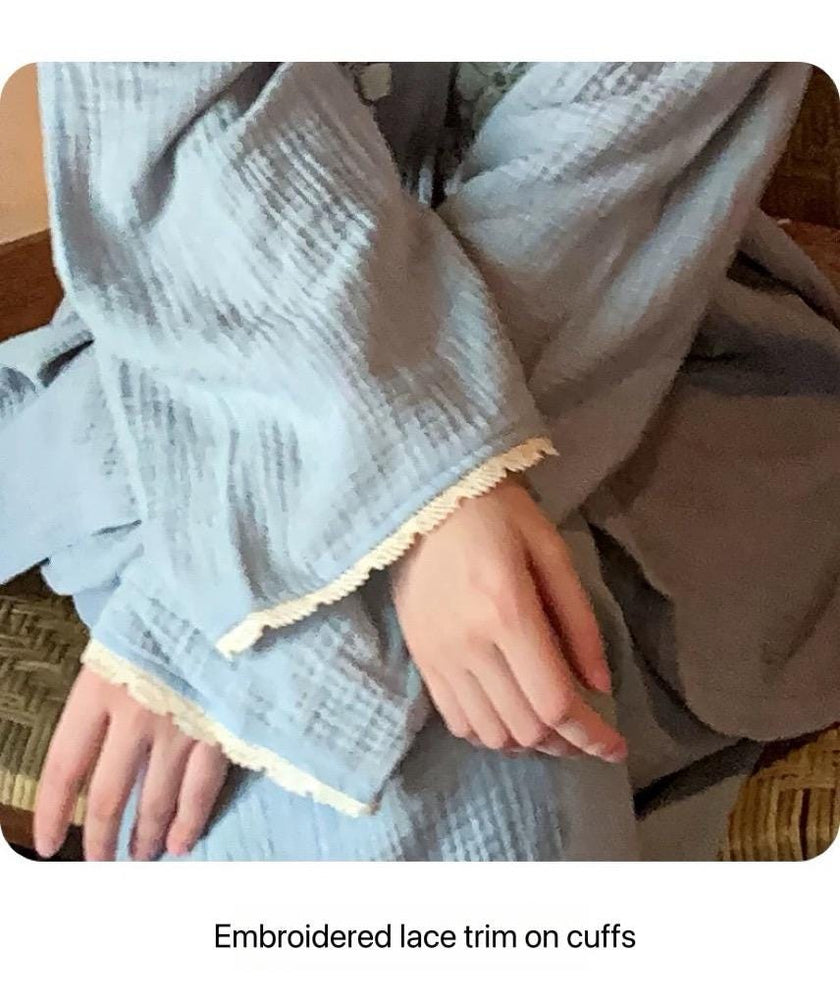 Lian Loungewear embroidered double gauze cotton pajama set, lightweight sleepwear with delicate embroidery and comfortable fit.