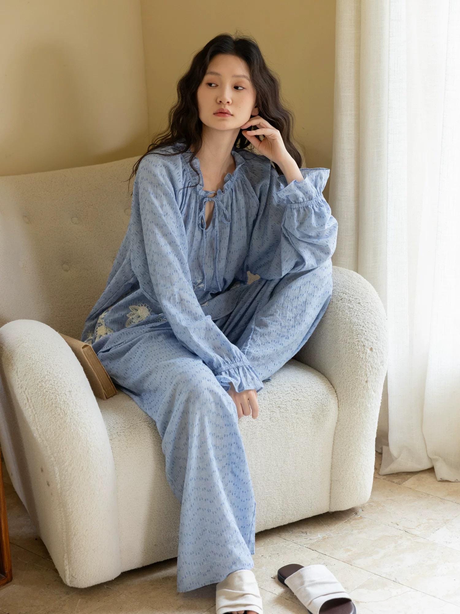 Lian Loungewear embroidered gauze cotton relaxed fit loungewear set or dress, soft sleepwear with delicate embroidery details.