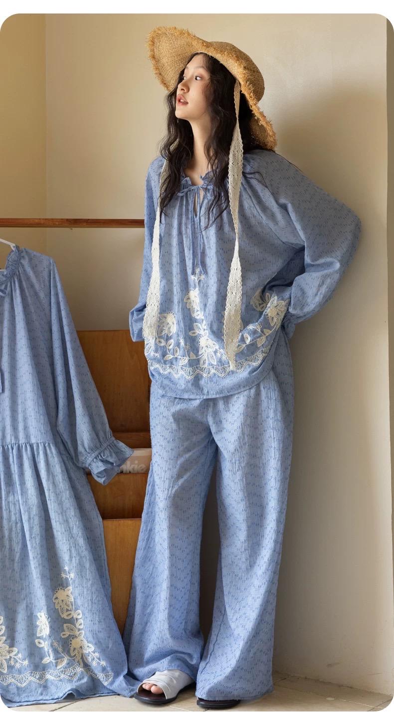 Embroidered gauze cotton loungewear set by Lian Loungewear, relaxed fit sleepwear dress for comfortable lounging.
