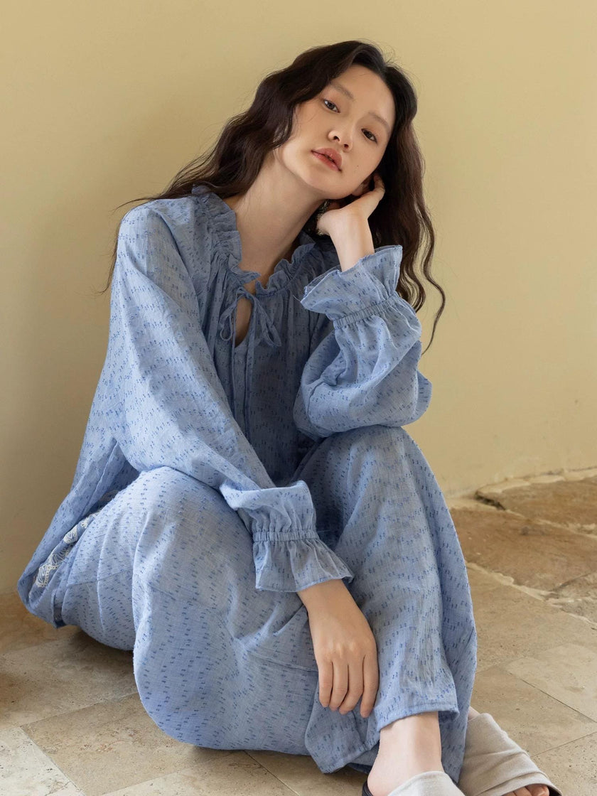 Lian Loungewear embroidered gauze cotton loungewear set or dress, relaxed fit sleepwear with delicate embroidery.