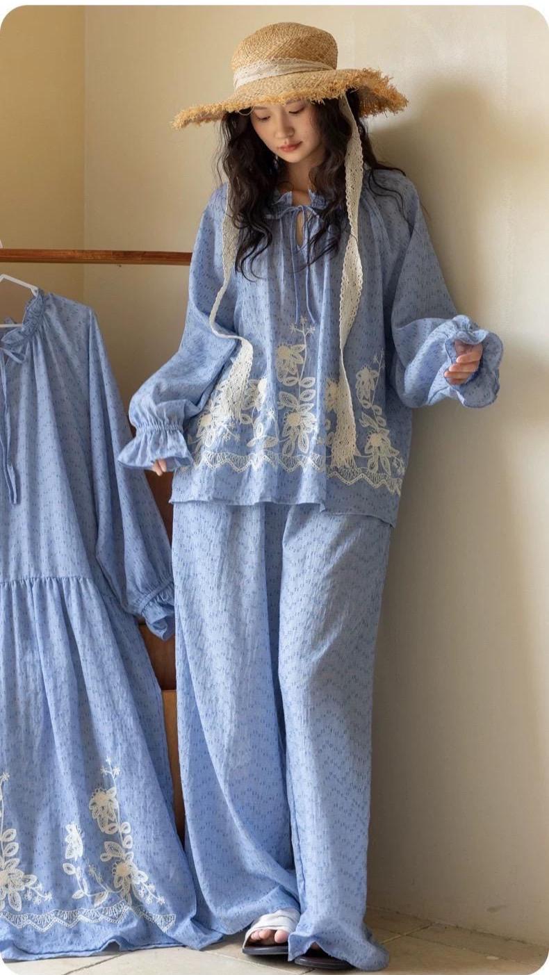 Lian Loungewear embroidered gauze cotton relaxed fit sleepwear set or dress, soft and comfortable loungewear with delicate embroidery.
