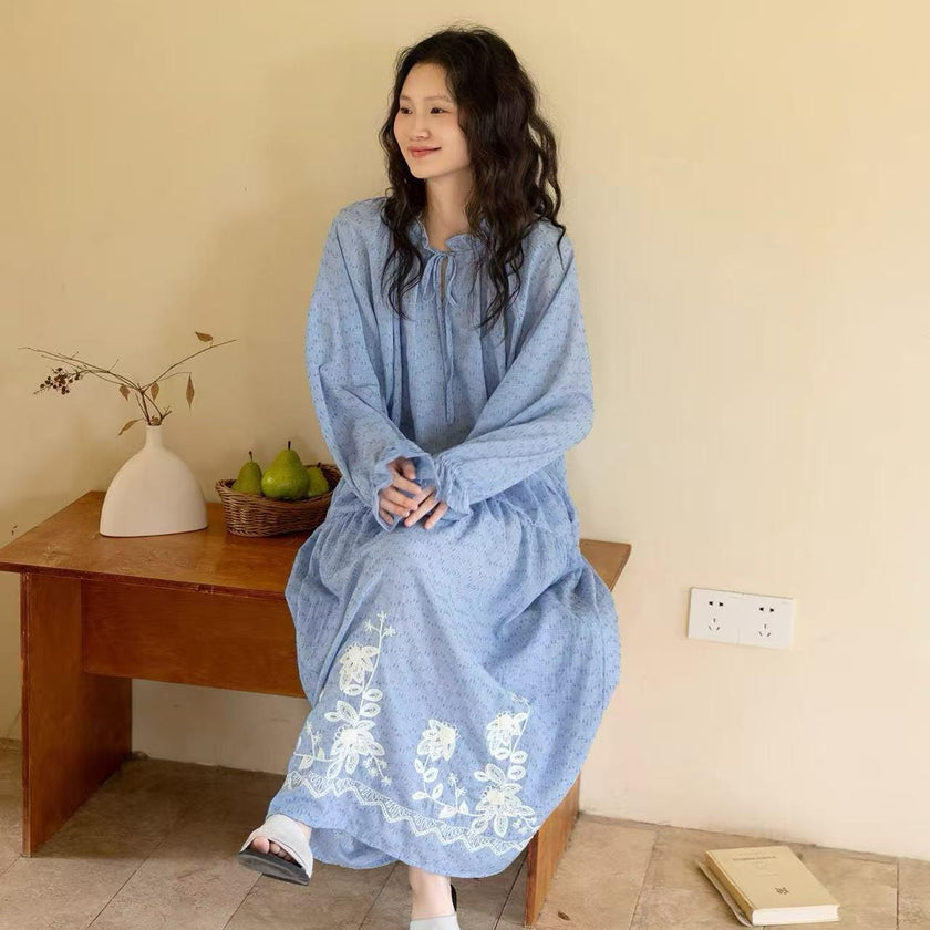 Lian Loungewear embroidered gauze cotton loungewear set or dress with relaxed fit, perfect for comfortable sleepwear.