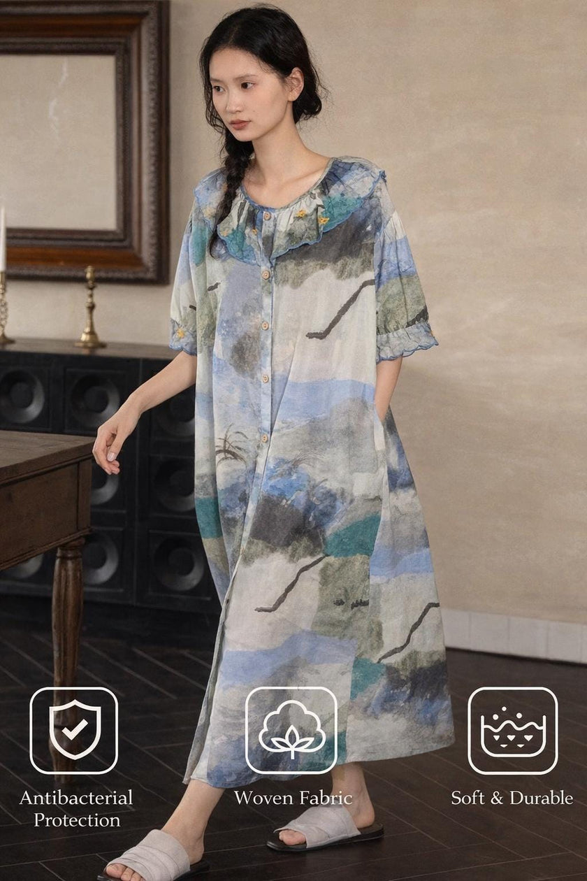 Watercolour tie dye bamboo cotton pajamas set or dress by Lian Loungewear, featuring colorful, soft, and comfortable sleepwear.