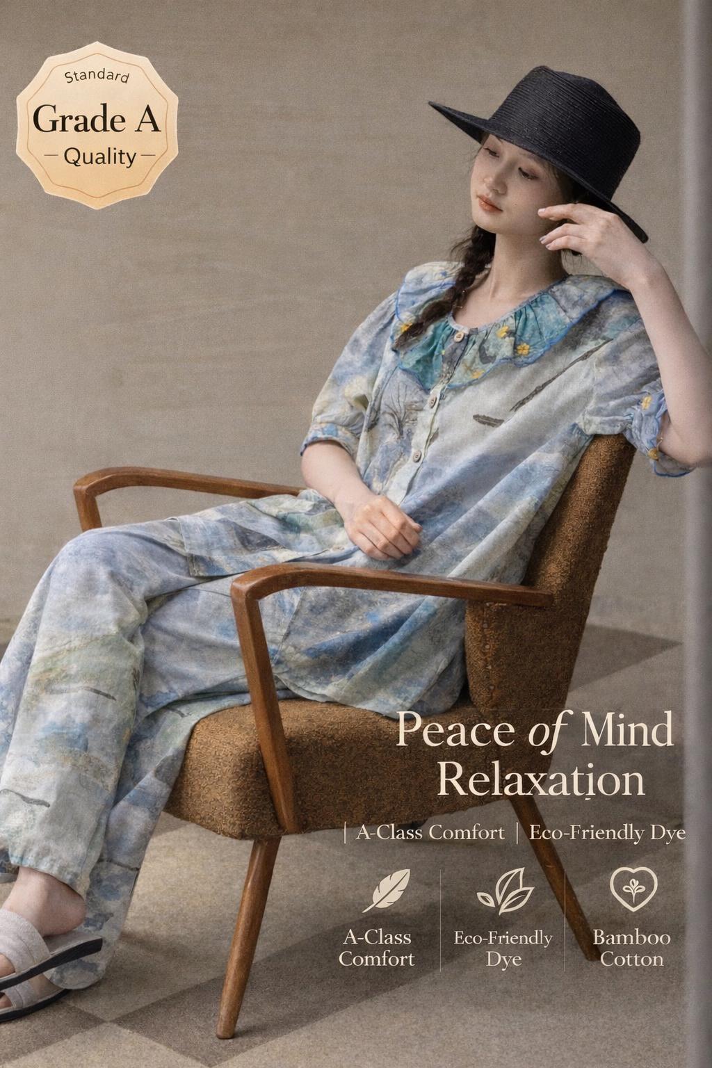 Lian Loungewear watercolour tie dye bamboo cotton pajamas set or dress with soft, colorful fabric and relaxed fit.