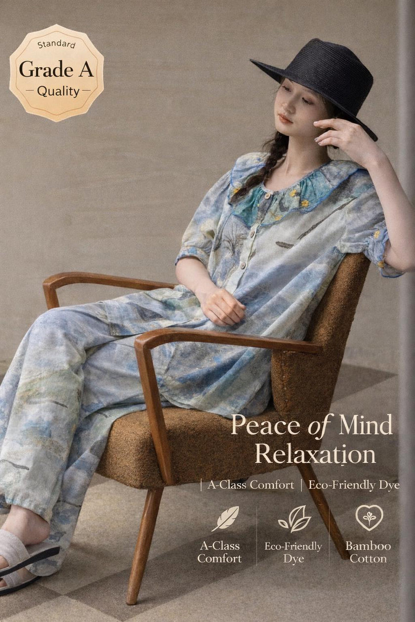 Lian Loungewear watercolour tie dye bamboo cotton pajamas set or dress with soft, colorful fabric and relaxed fit.