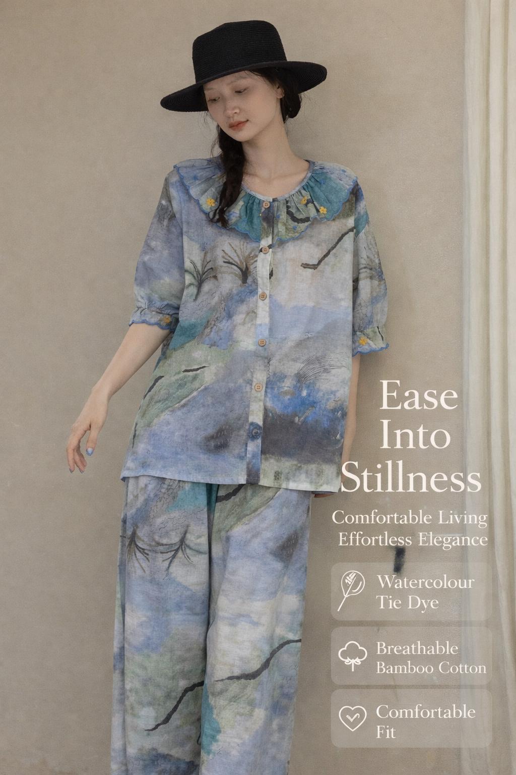 Watercolour tie-dye bamboo cotton pajamas set or dress by Lian Loungewear, featuring soft, colorful fabric and relaxed fit.