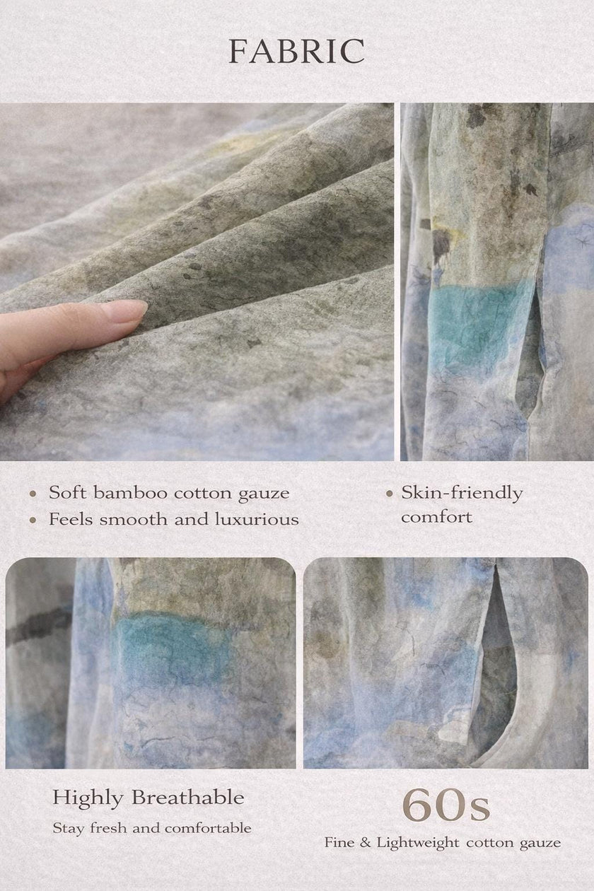 Watercolour tie-dye bamboo cotton pajamas set or dress by Lian Loungewear, featuring soft fabric and vibrant, artistic dye patterns.