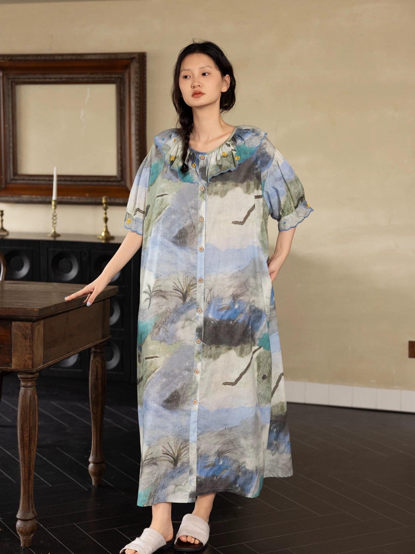 Lian Loungewear watercolour tie-dye bamboo cotton pajamas set or dress shown in soft pastel colors, comfortable and stylish for lounging.