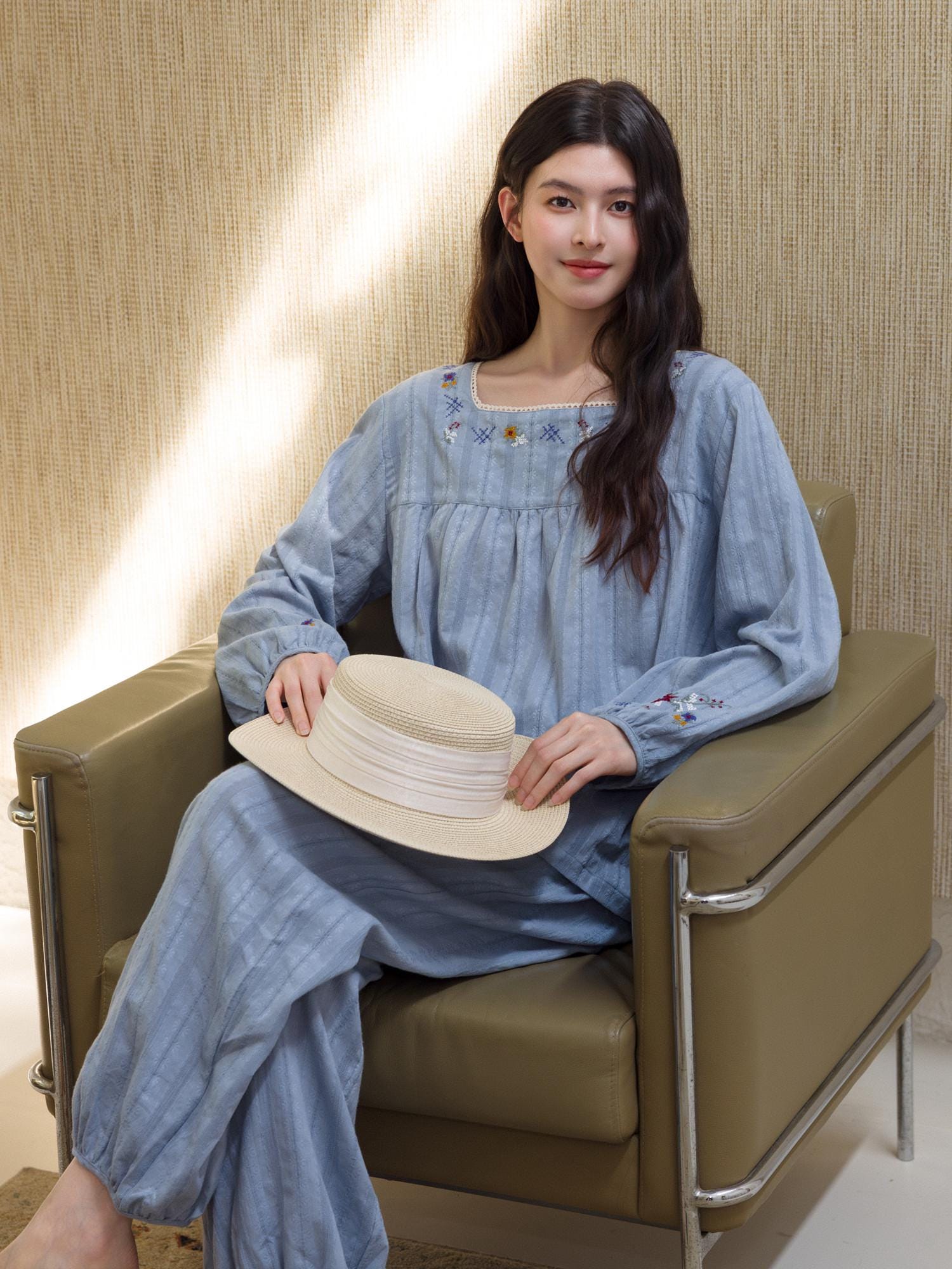 Lian Loungewear embroidered cotton jacquard pajamas with intricate floral embroidery and soft, comfortable fabric.