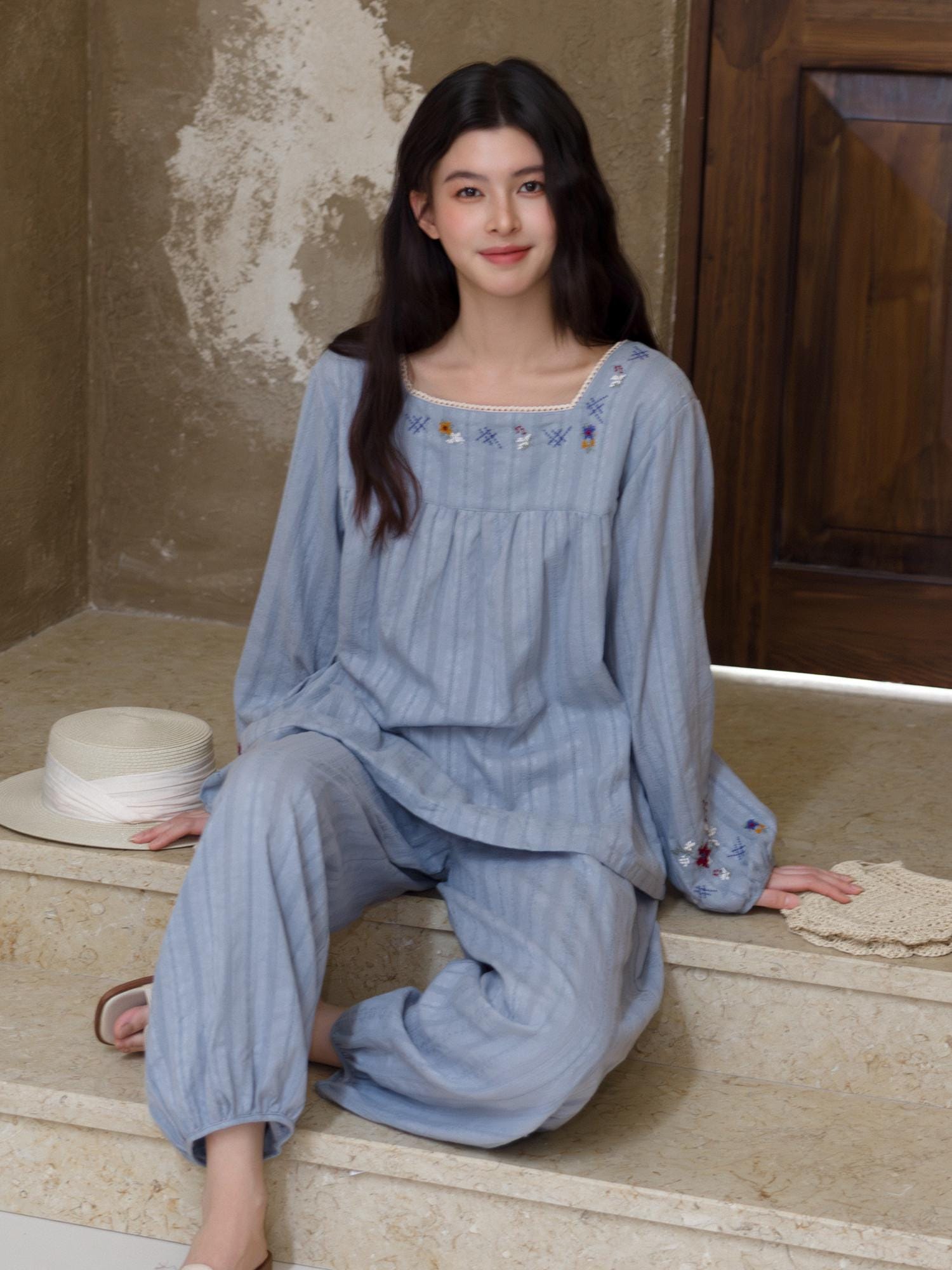 Embroidered cotton jacquard pajamas from Lian Loungewear, featuring intricate embroidery and comfortable relaxed fit.
