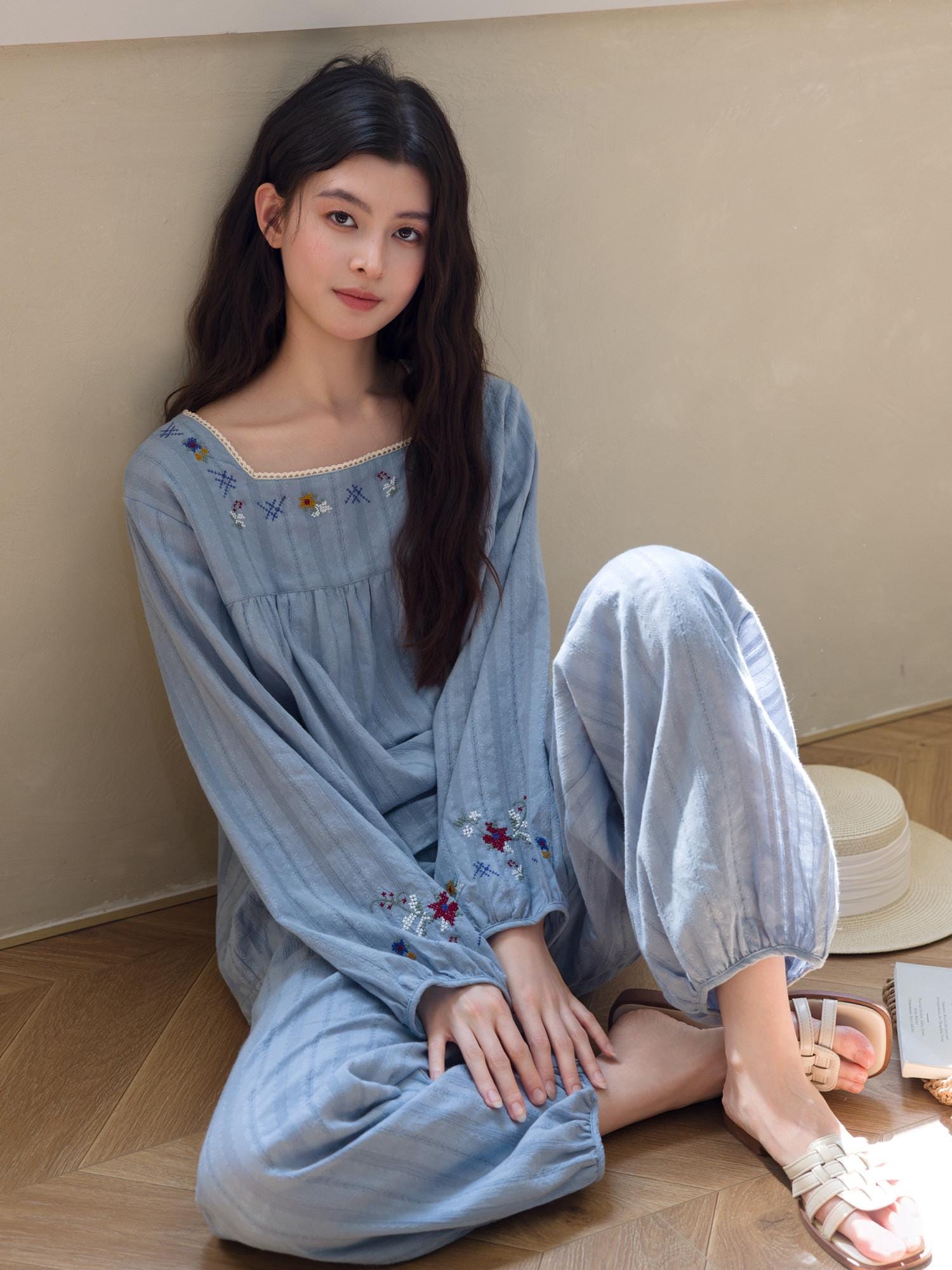 Lian Loungewear embroidered cotton jacquard pajamas featuring intricate embroidery and soft, comfortable fabric.