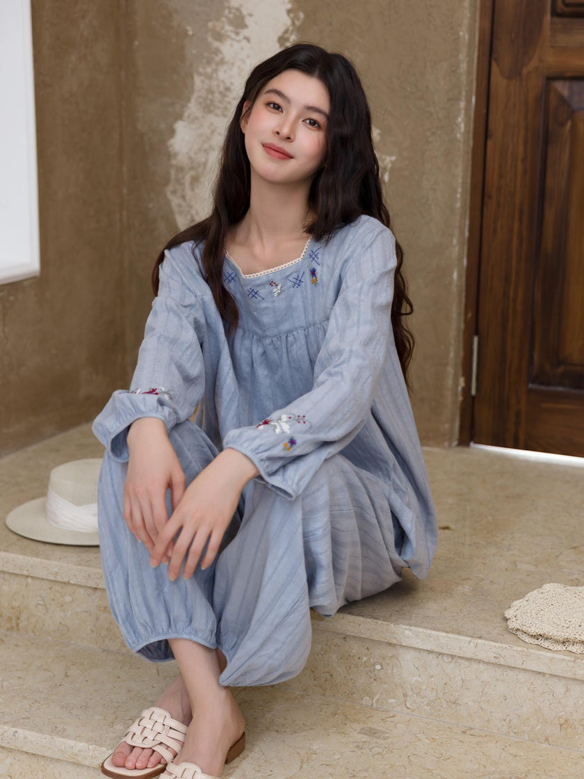 Embroidered cotton jacquard pajamas by Lian Loungewear with intricate embroidery and soft, comfortable fabric for relaxed wear.