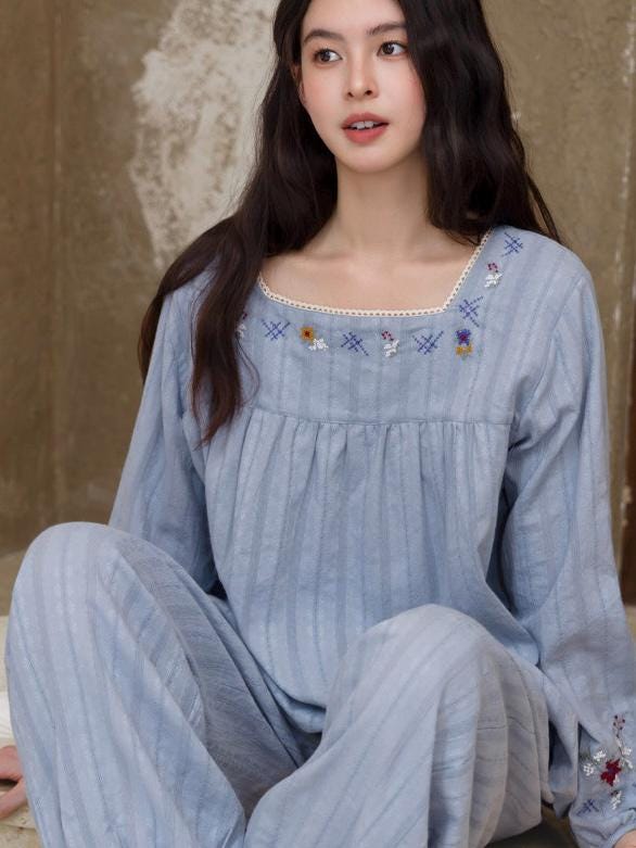 Embroidered cotton jacquard pajamas from Lian Loungewear featuring intricate embroidery and soft, comfortable fabric.