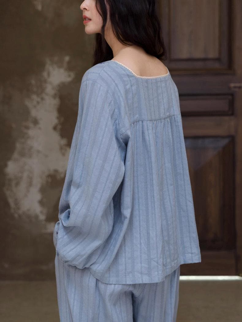 Lian Loungewear embroidered cotton jacquard pajamas featuring intricate embroidery and comfortable relaxed fit.