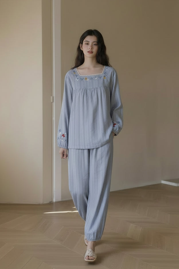 Lian Loungewear embroidered cotton jacquard pajamas set with floral patterns and relaxed fit for comfortable lounge wear
