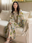 Floral bamboo cotton pajama set with ruffle collar from Lian Loungewear, featuring a soft, comfortable design for relaxing wear.