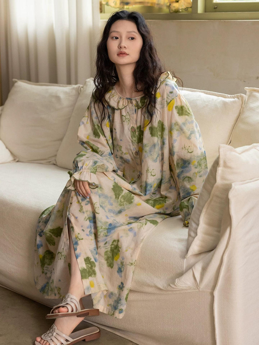 Floral bamboo cotton pajama set with ruffle collar from Lian Loungewear, featuring a soft, comfortable design for relaxing wear.