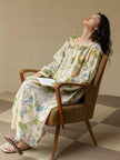 Floral bamboo cotton pajama set with ruffle collar from Lian Loungewear, featuring soft, comfortable loungewear for relaxed evenings.