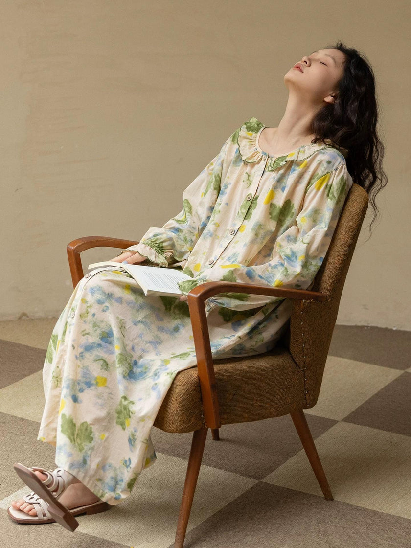 Floral bamboo cotton pajama set with ruffle collar from Lian Loungewear, featuring soft, comfortable loungewear for relaxed evenings.