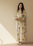 Lian Loungewear floral bamboo cotton pajama set with ruffle collar, featuring soft fabric and relaxed loungewear style.