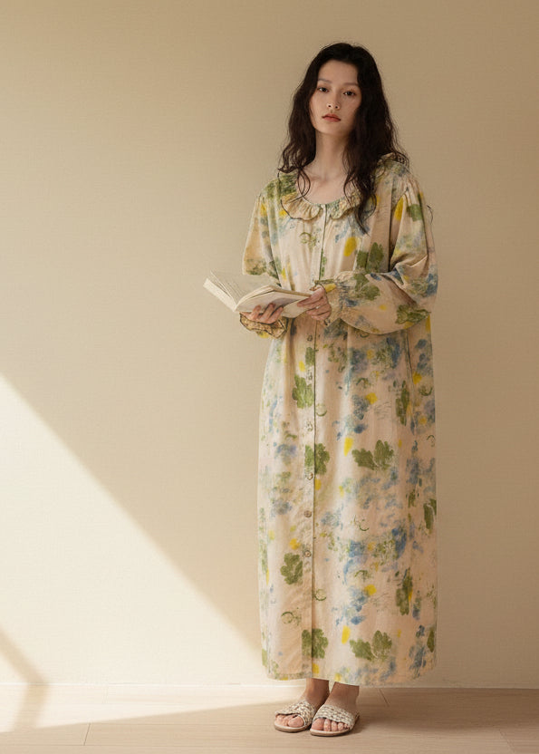 Lian Loungewear floral bamboo cotton pajama set with ruffle collar, featuring soft fabric and relaxed loungewear style.