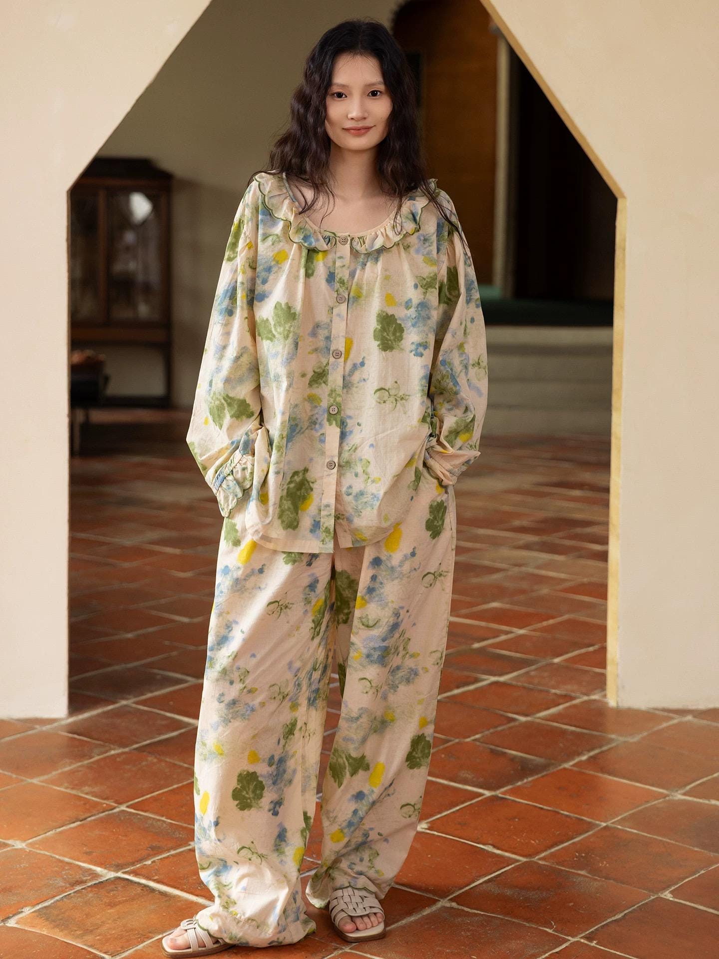 Floral bamboo cotton pajama set from Lian Loungewear featuring a ruffle collar and comfortable loungewear design.