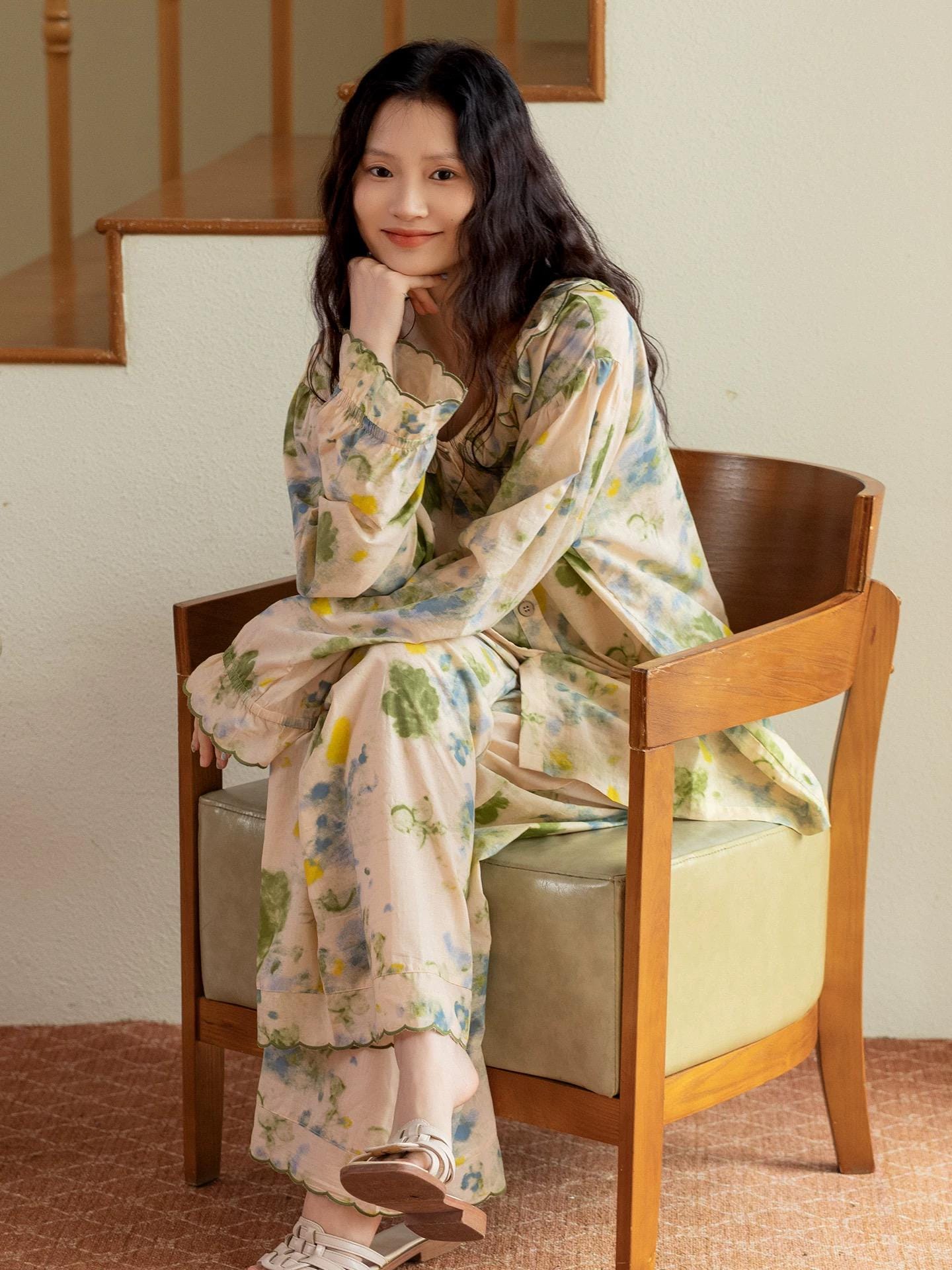 Floral bamboo cotton pajama set with ruffle collar by Lian Loungewear, featuring a soft, comfortable design for loungewear.