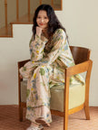 Floral bamboo cotton pajama set with ruffle collar by Lian Loungewear, featuring a soft, comfortable design for loungewear.