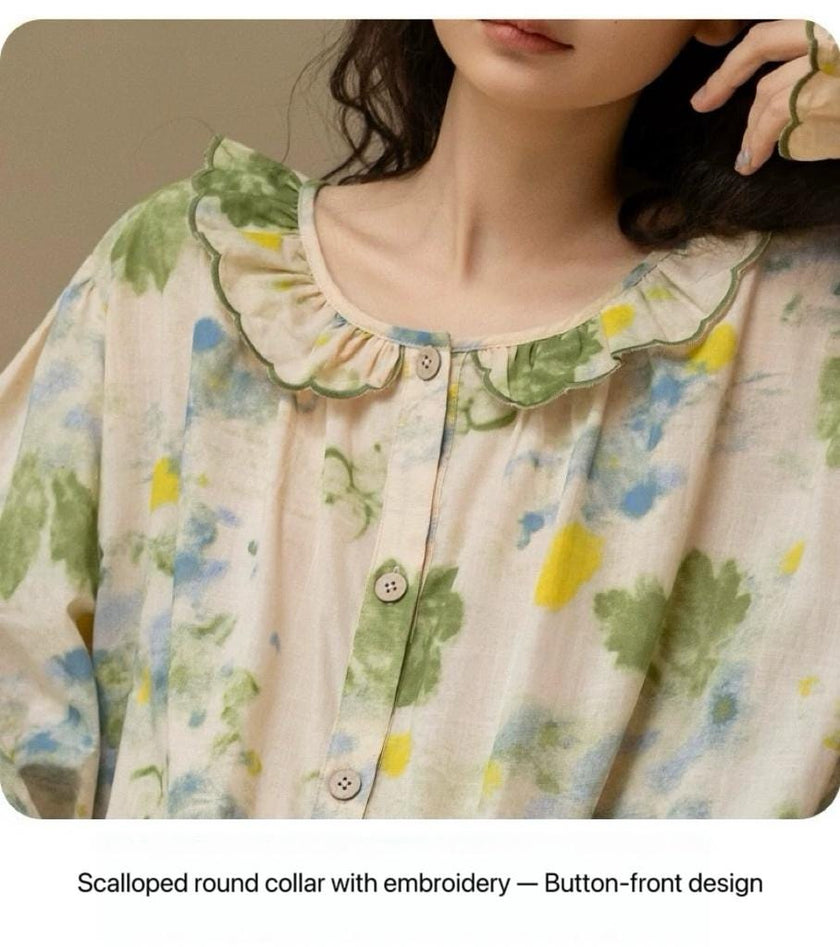 Floral bamboo cotton pajama set with ruffle collar from Lian Loungewear, featuring a soft, comfortable loungewear design.