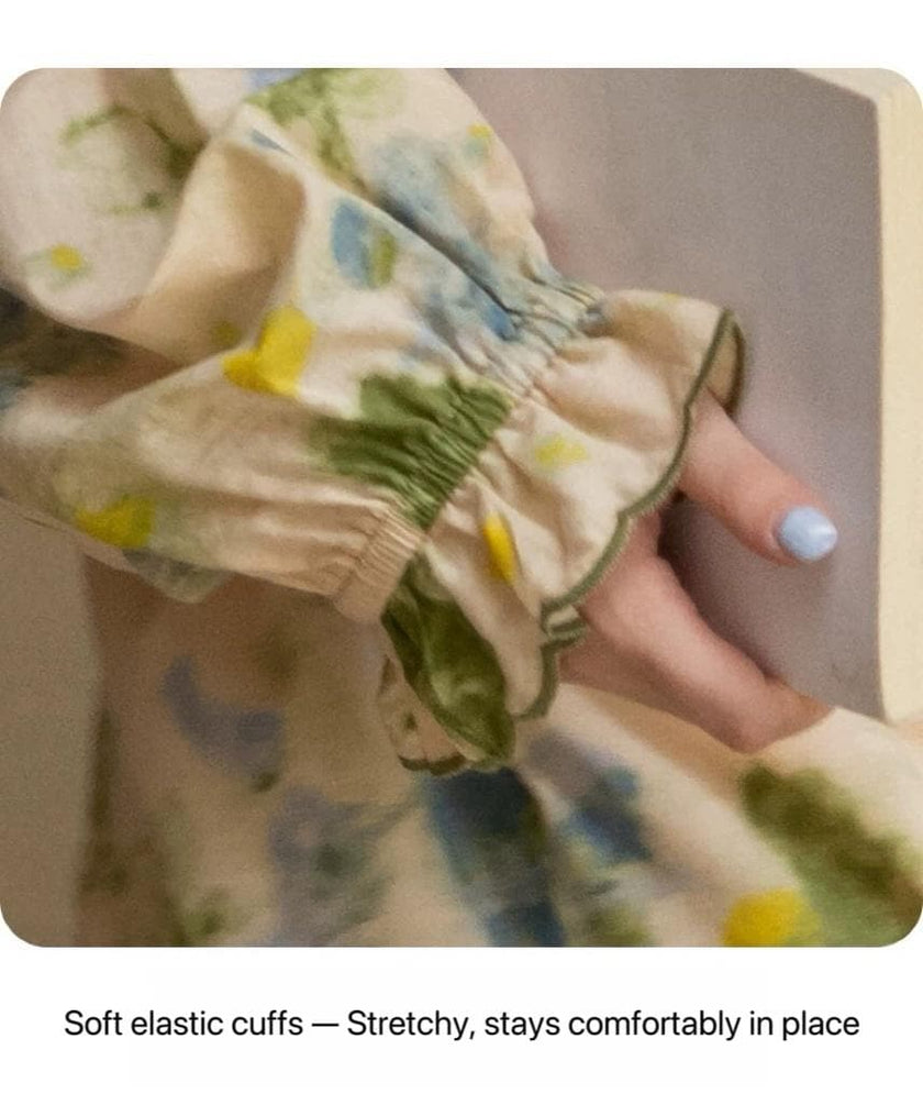 Lian Loungewear floral bamboo cotton pajama set with ruffle collar, featuring a soft, comfortable design for cozy loungewear.