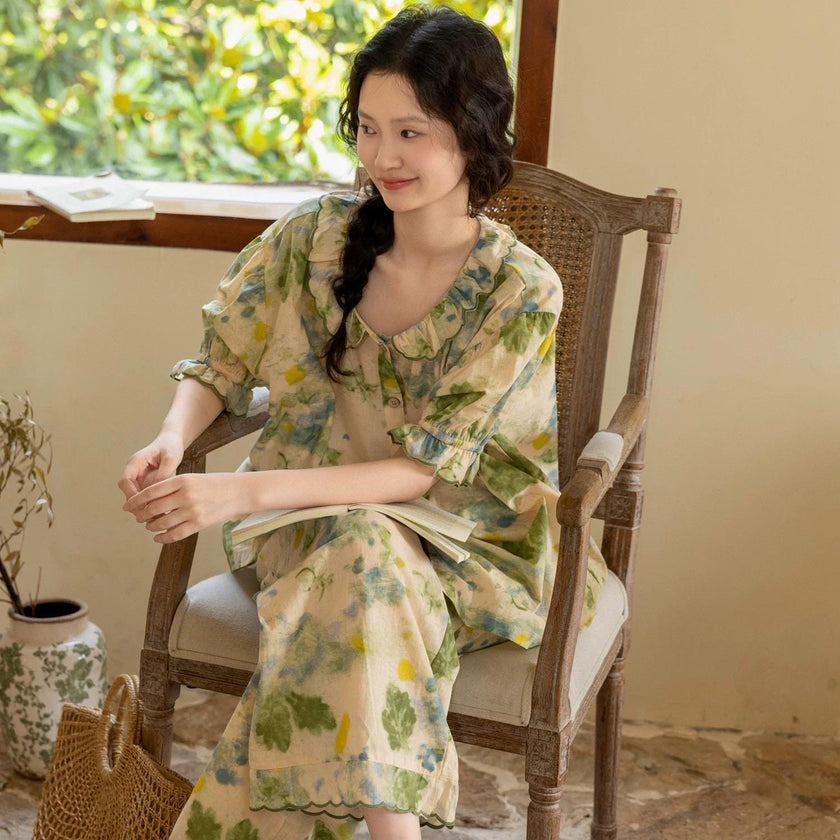 Floral bamboo cotton pajama set by Lian Loungewear featuring ruffle collar and comfortable loungewear design.