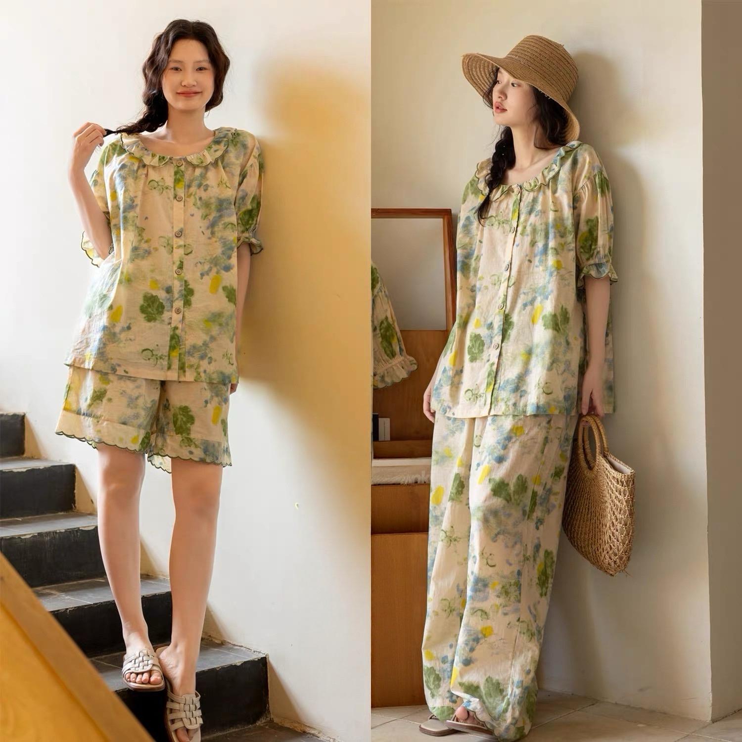 Floral bamboo cotton pajama set by Lian Loungewear featuring a ruffle collar and comfortable loungewear design.