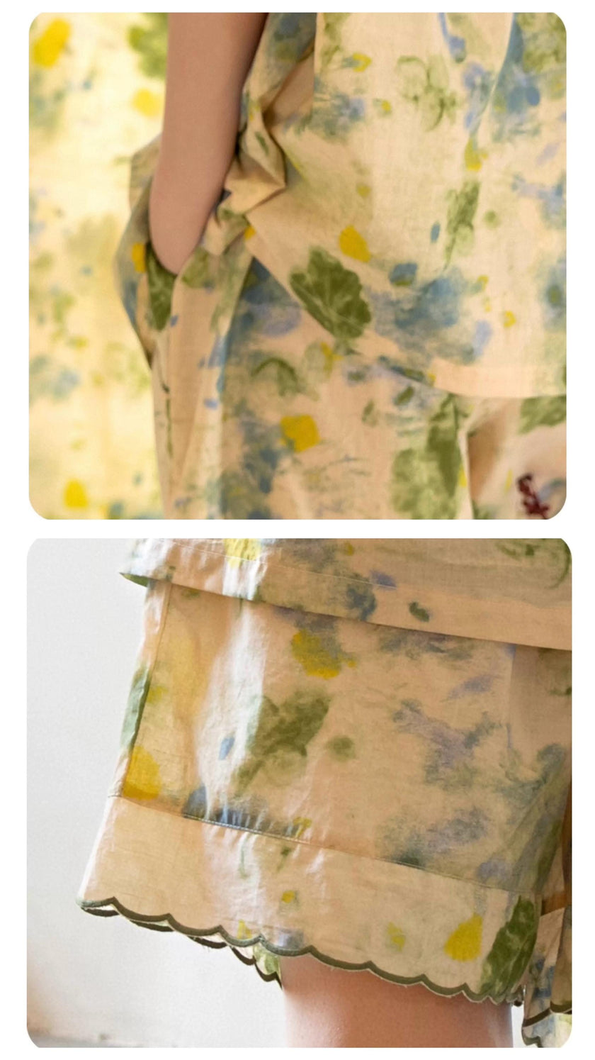 Lian Loungewear floral bamboo cotton pajama set with ruffle collar, soft and comfortable loungewear for relaxing at home.