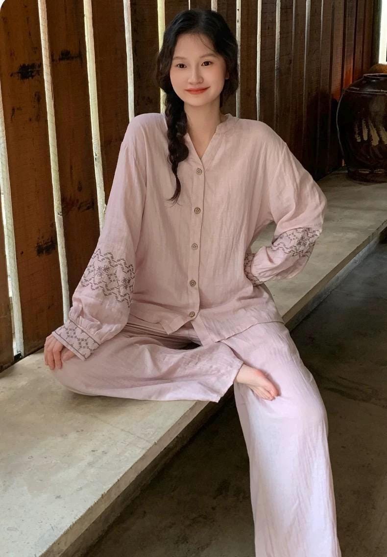 Lian Loungewear gauze cotton pajama set with embroidered sleeve, featuring soft, breathable fabric and relaxed fit for comfortable sleepwear.