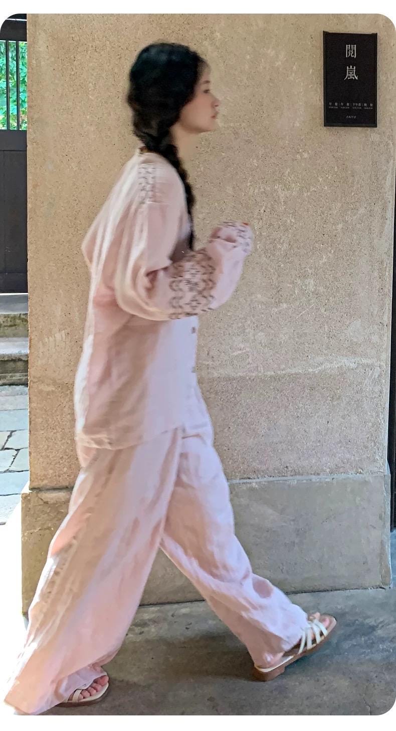 Lian Loungewear gauze cotton pajama set with embroidered sleeve, featuring soft fabric and relaxed fit for comfortable sleepwear.