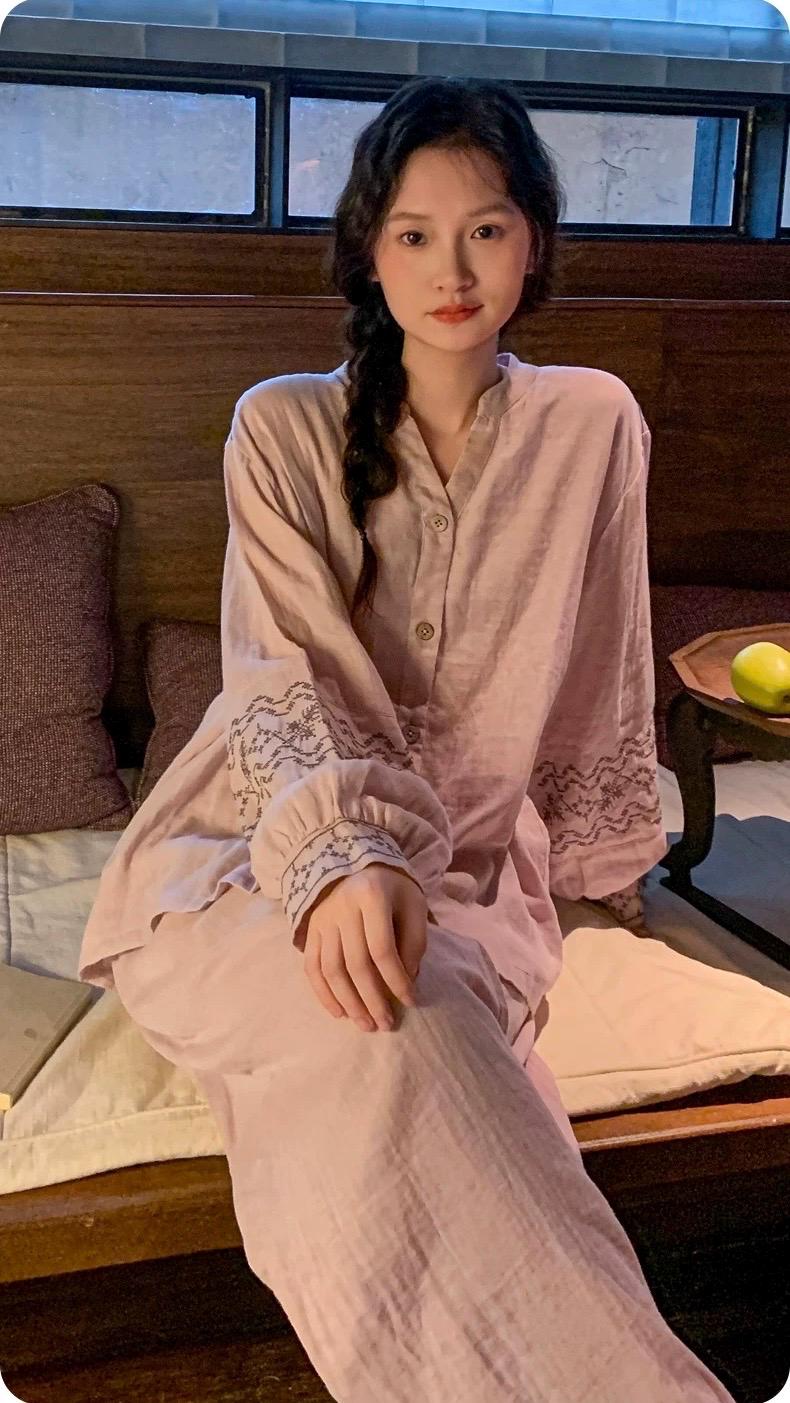 Lian Loungewear gauze cotton pajama set with embroidered sleeves, featuring lightweight, breathable fabric and comfortable fit.