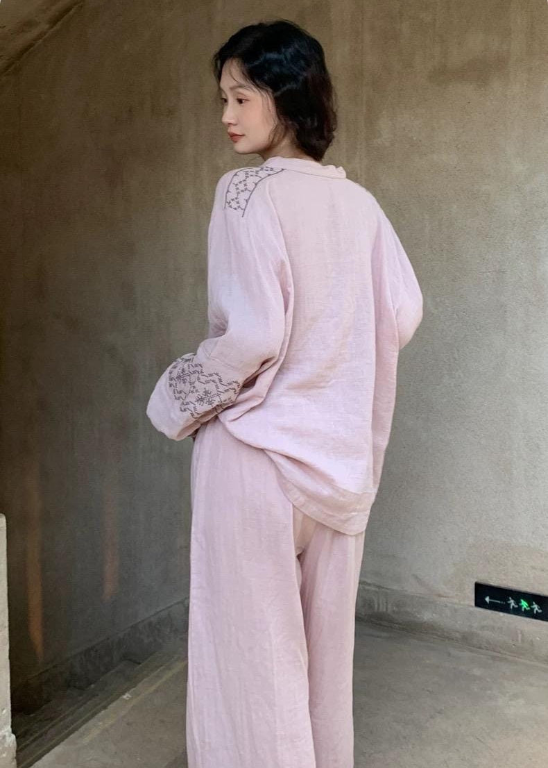 Lian Loungewear gauze cotton pajama set with embroidered sleeves, featuring soft, lightweight fabric and relaxed fit for comfortable sleep.