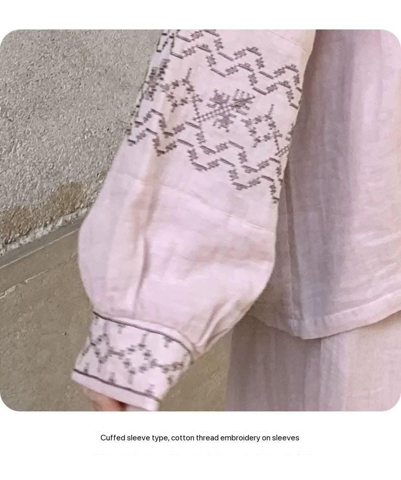Lian Loungewear gauze cotton pajama set with embroidered sleeves, featuring soft, breathable fabric and relaxed fit for comfortable sleepwear.