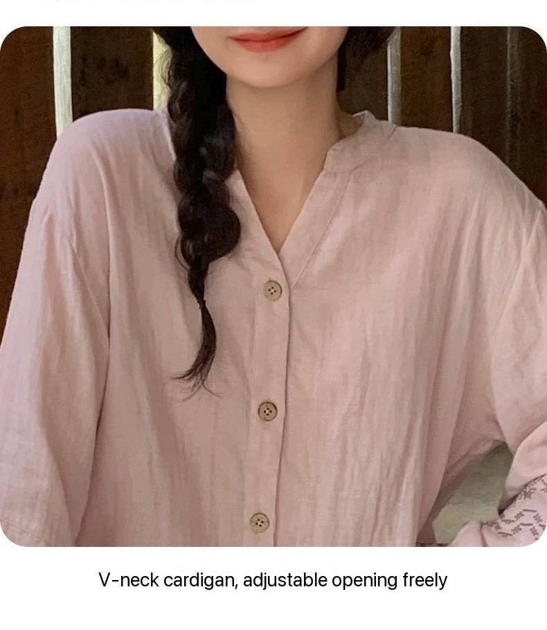 Lian Loungewear gauze cotton pajama set with embroidered sleeve, featuring soft, breathable fabric and comfortable fit.