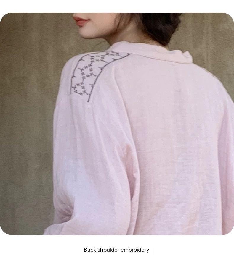 Lian Loungewear gauze cotton pajama set with embroidered sleeve, featuring soft, breathable fabric and relaxed fit for comfortable sleepwear.