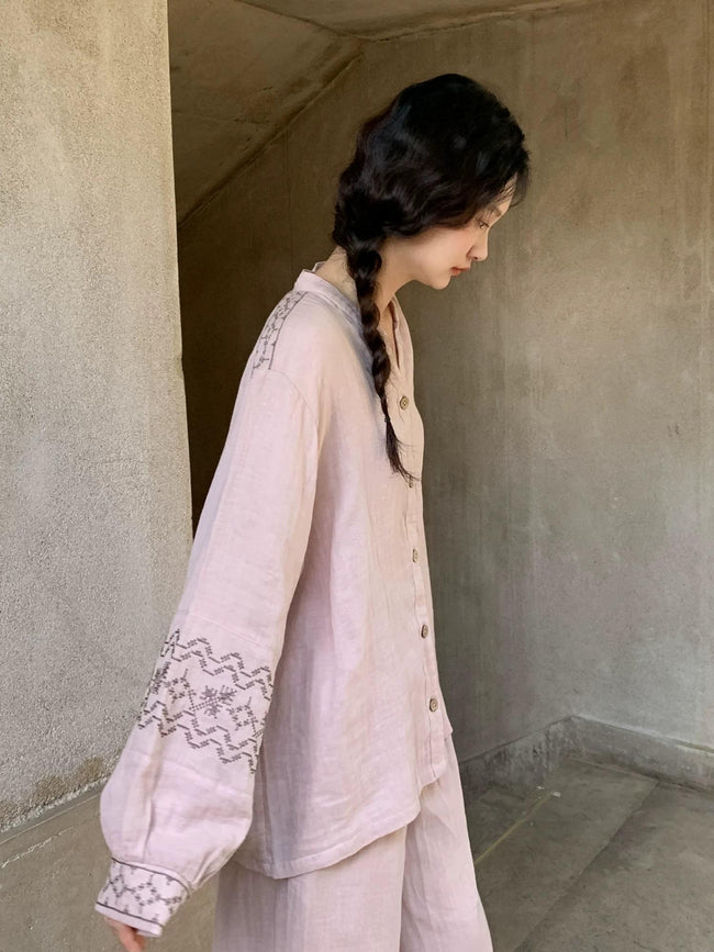 Lian Loungewear gauze cotton pajama set with embroidered sleeve, featuring soft fabric and comfortable fit, perfect for lounging.
