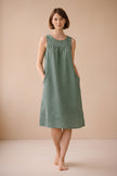 Sleeveless green linen lounge dress by Lian Loungewear with round neckline, relaxed fit, perfect for comfortable casual wear.