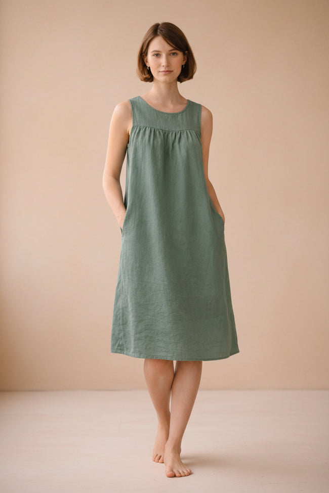 Sleeveless green linen lounge dress by Lian Loungewear with round neckline, relaxed fit, perfect for comfortable casual wear.