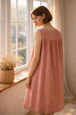 Green 100% linen sleeveless lounge dress by Lian Loungewear with a round neck, perfect for comfortable casual wear.