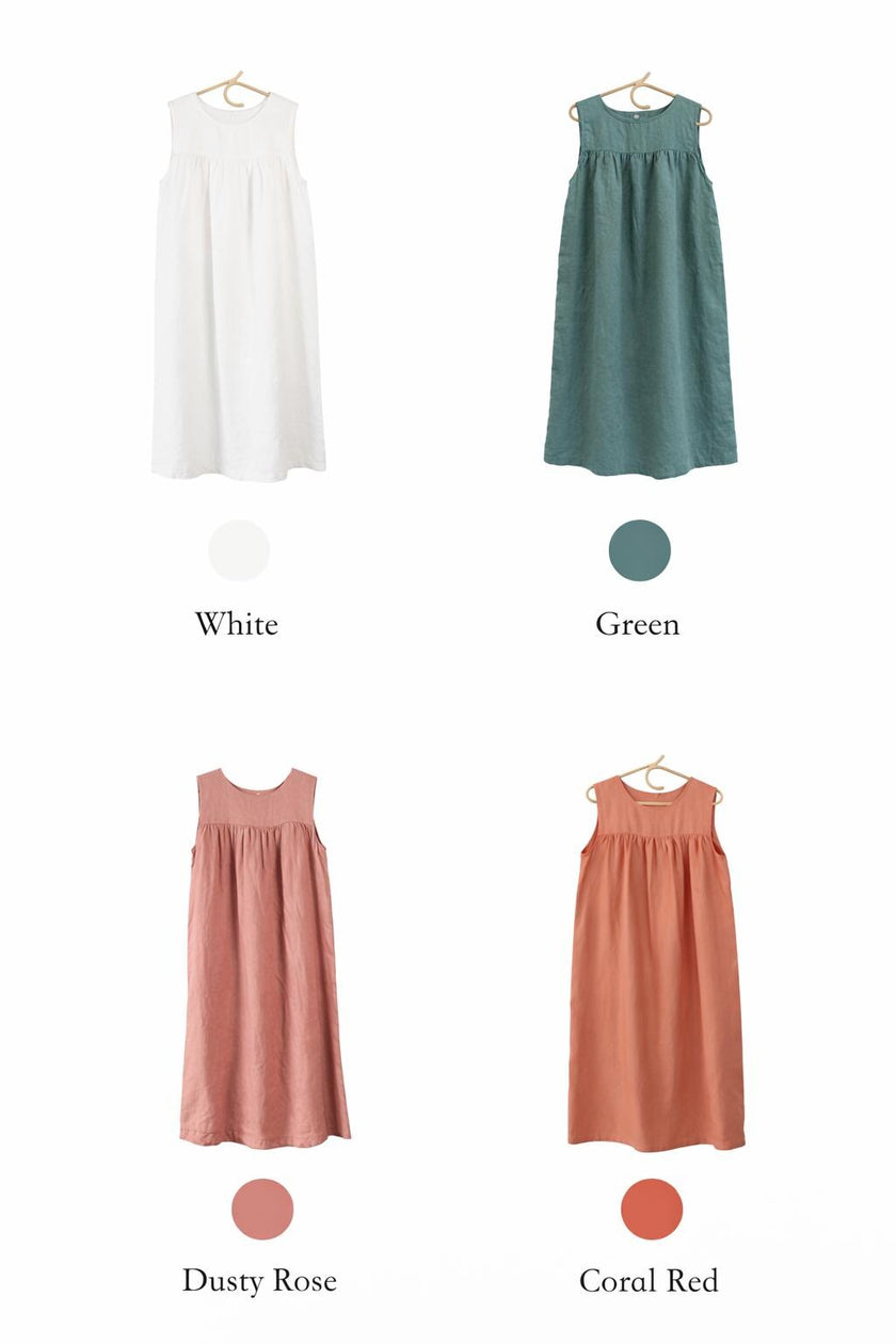 Lian Loungewear sleeveless 100% linen lounge dress with round neckline in green, comfortable and casual for relaxed wear.